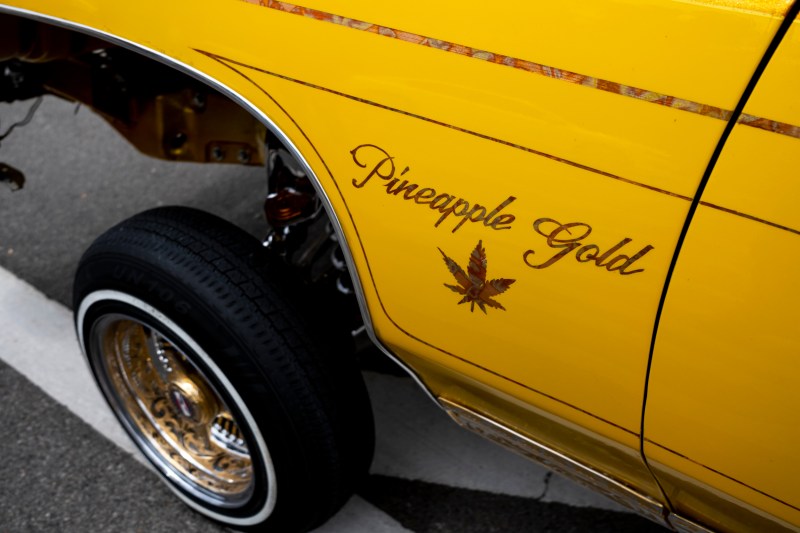 A car with "Pineapple Gold" and weed leaf illustrated on it.