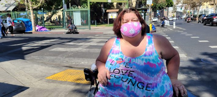 Skid Row resident Micki Gagnon voted at her local vote center in the California gubernatorial recall election.