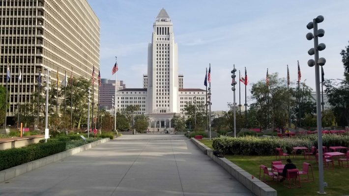 The flags are located near City Hall. Photo by Lexis-Olivier Ray for L.A. TACO.