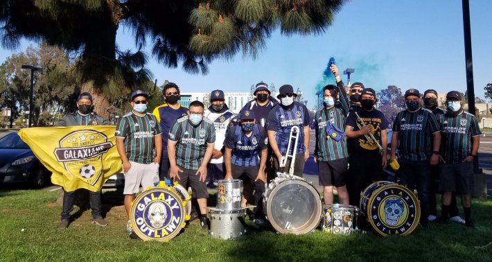 Members of La Sensacion del Bloque before an L.A. Galaxy match. Cheezy pictured in the back and center. Photo provided by Cheezy