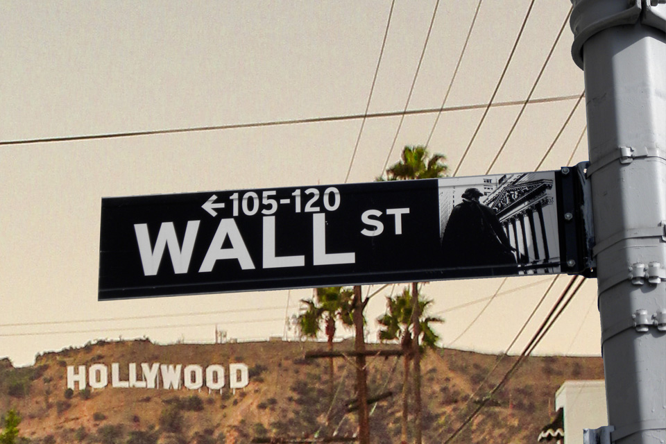 An illustration by Spendwell depicting a Wall Street sign with the Hollywood sign in the background.