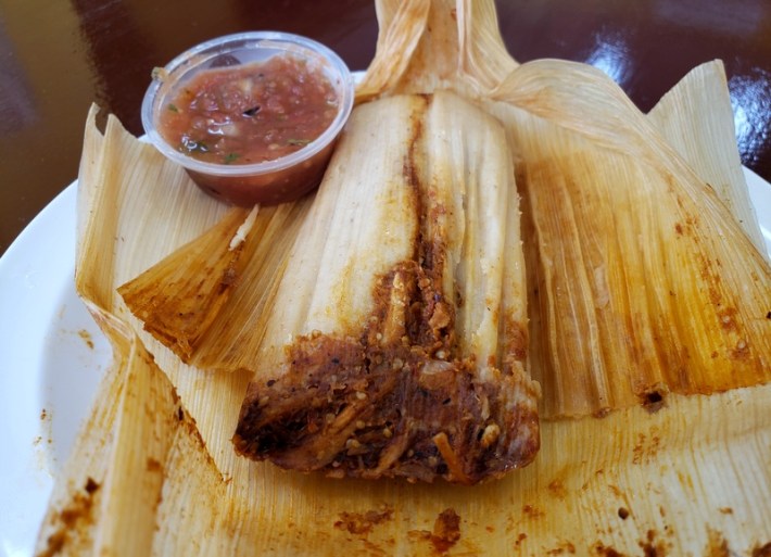 Tamal with pollo rojo at Manoly's Bakery in Sawtelle
