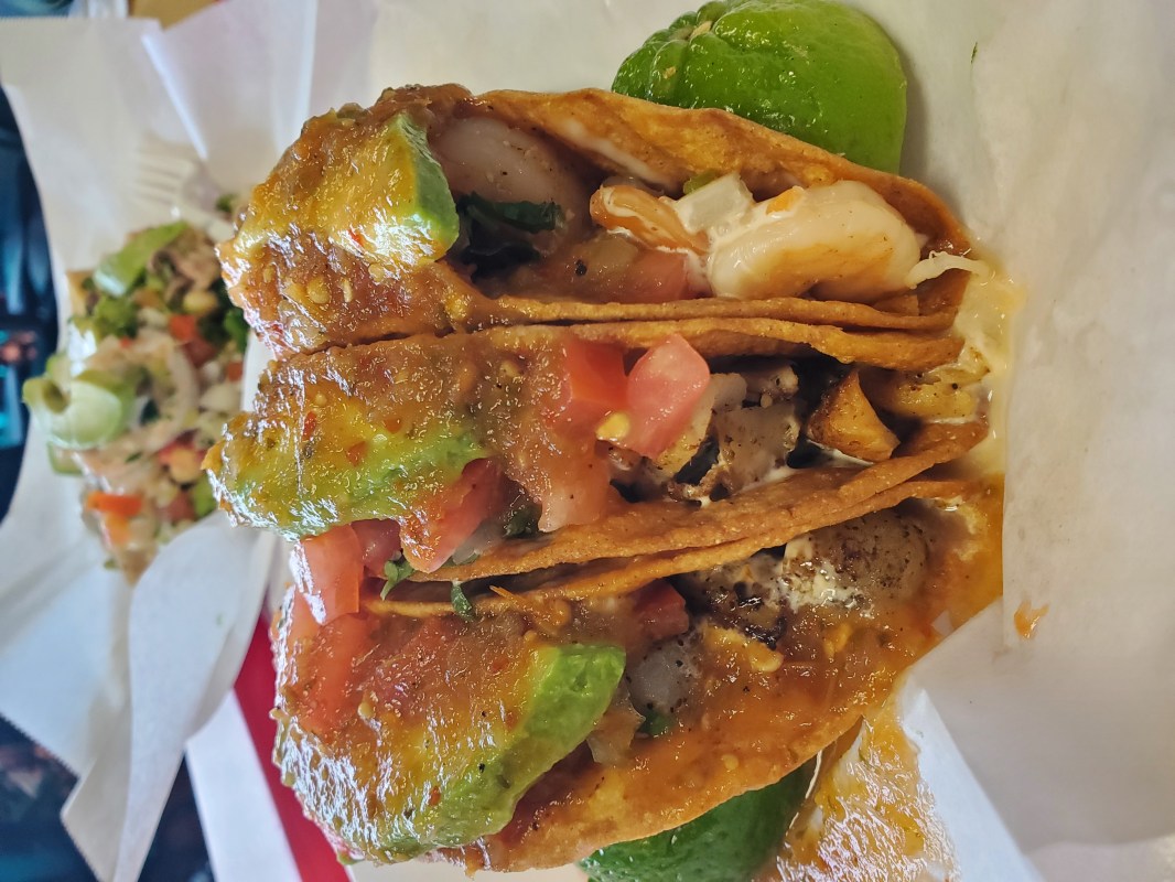 A taco dorado de camarón at Mariscos Rosarito.