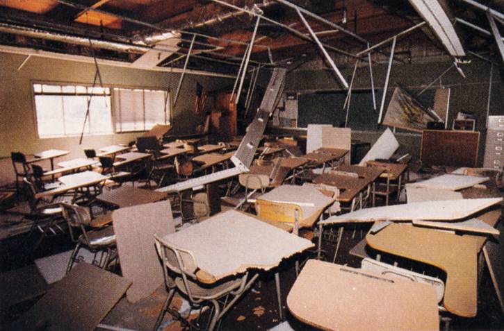 A picture of the destruction in a classroom after the earthquake. Photo courtesy of Raymond Garcia.