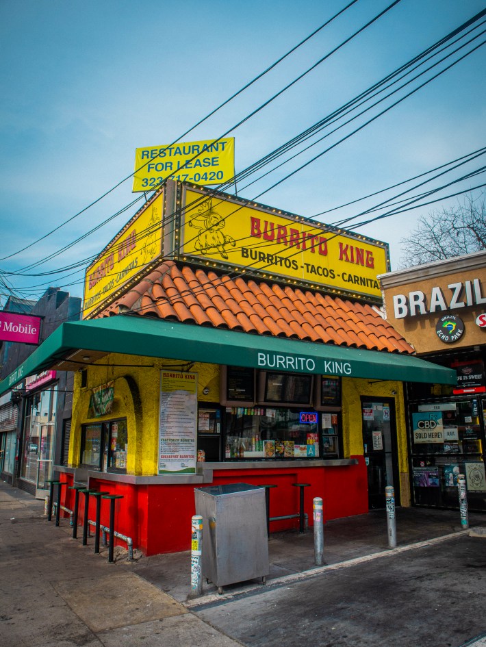 An exterior shot of Burrito King on Sunset Boulevard