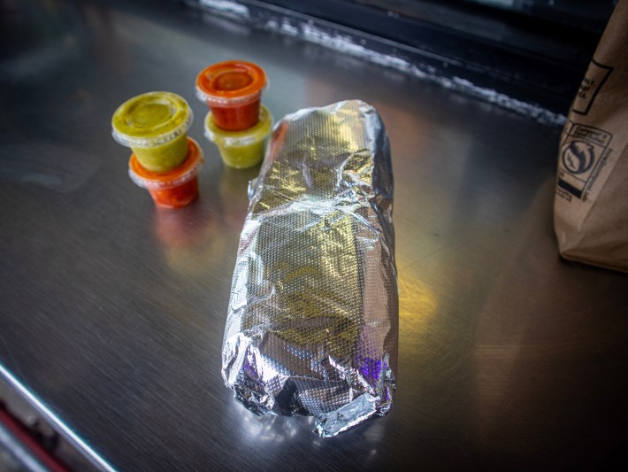 A foil-wrapped burrito from Burrito King in Echo Park