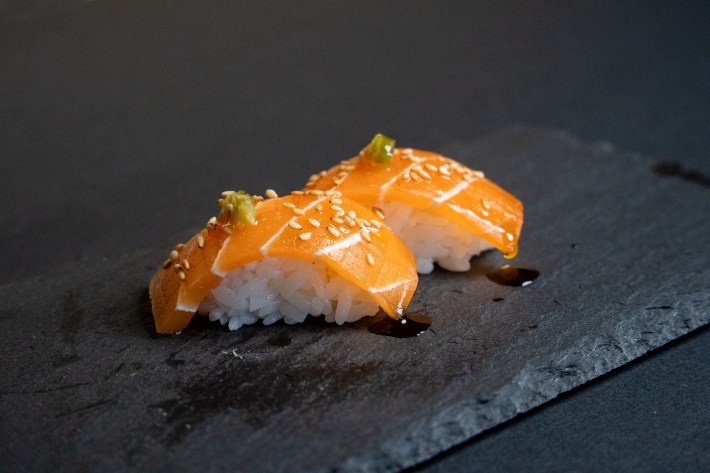 Plant-0based salmon nigiri that looks just like the real thing at West L.A.'s Kusaki