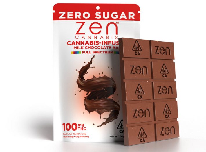 A bar of Zen Cannabis' sugar-free chocolate in front of its package