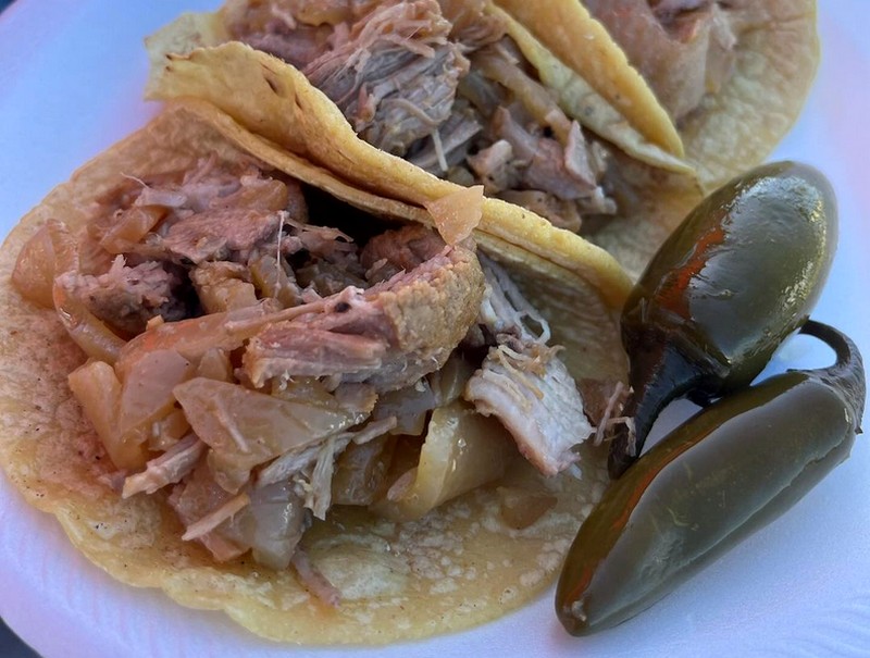 Tacos with carnitas from Carnitas Los Cuñaos in East L.A.