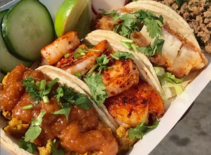 Chicken satay taco, spicy garlic shrimp taco, and crispy pork taco at Thai Mex Cocina in Century City