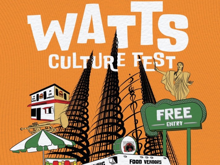 A flyer image for Watts Culture Fest showing Hawkins House of Burgers and the Watts Towers