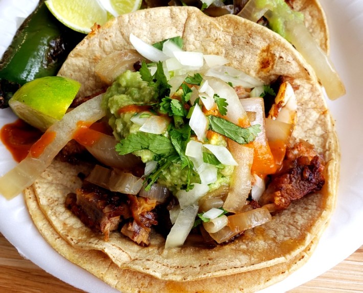 Tacos de costilla (ribs) at Wendy's Tacos & Hot Dogs in Westlake, Los Angeles