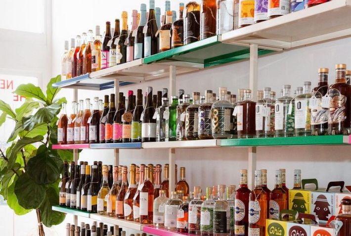 Shelves full of non-alcoholic spirits and wine at The New Bar