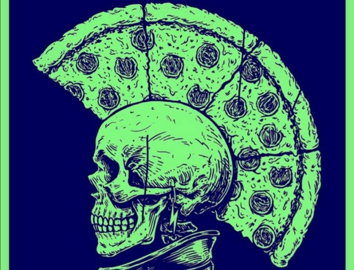Logo from Rock Bottom Pizza depicting a skeleton with a mohaak made of pizza slices