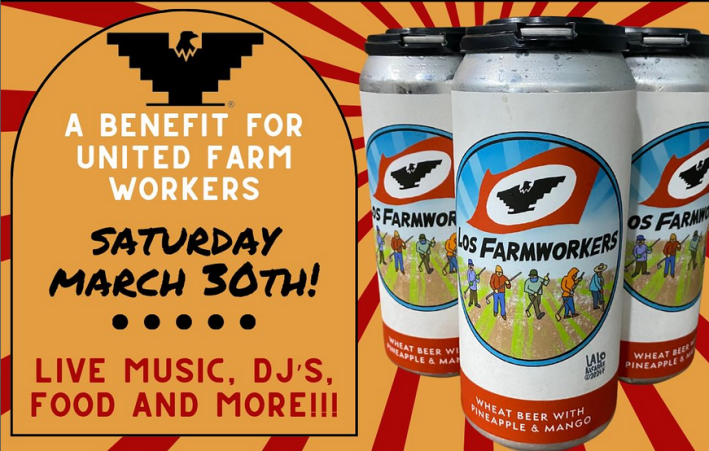 A flyer depicting three cans of Los Farmworkers beer