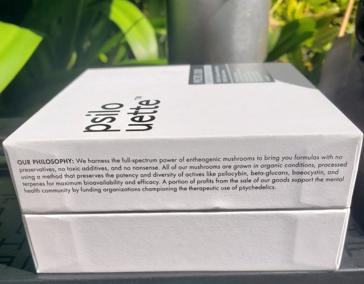 A white box of Psilouette's Micro200, with the brand's philosophy printed on the side