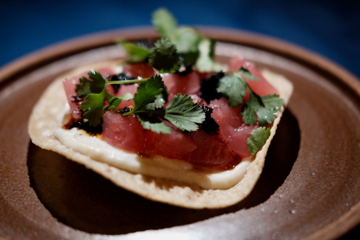 Akami (lean bluefin tuna) tostada with salsa macha. Photo by Javier Cabral for L.A. TACO.