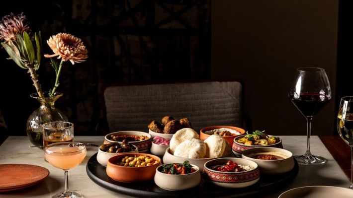 A spread of Mediterranean brunch dishes at Ladyhawk