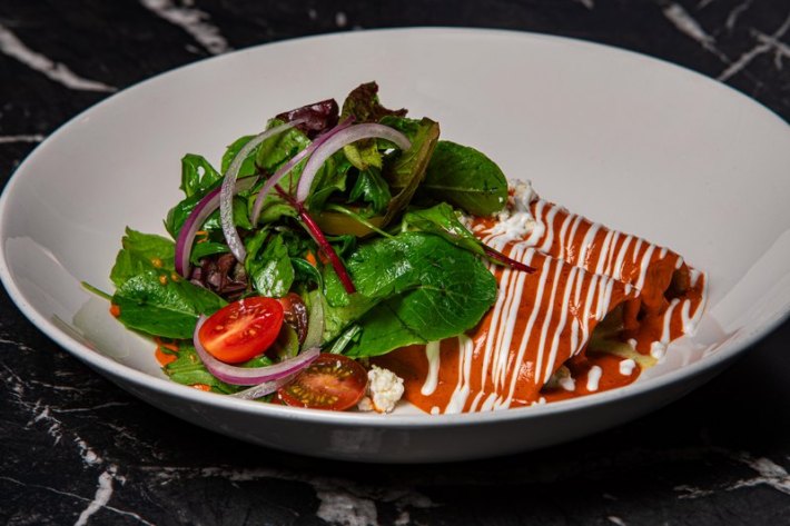 Crema-drizzeled enchiladas under a bed of salad