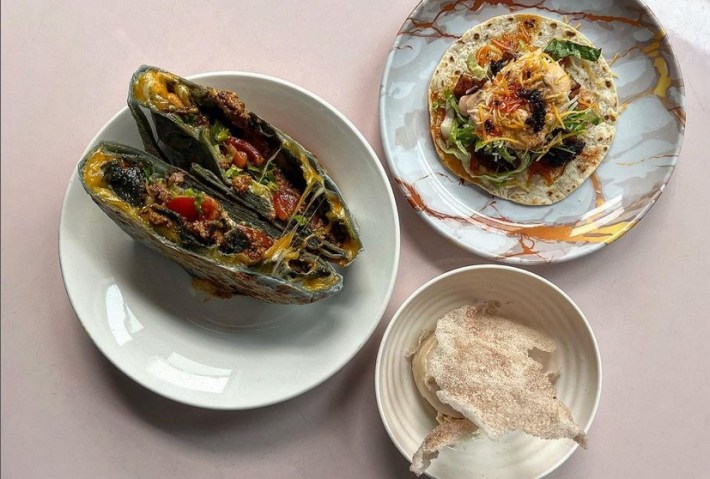 # modern Mexican dishes from Metztli, including a Muncwrap Supreme and an Animal-style tostada
