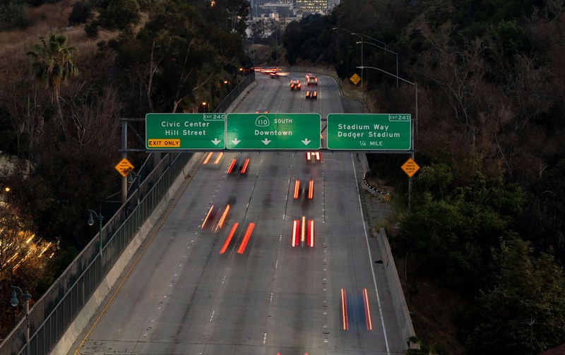 Cars flying along the 110 Freeway in Los Angeles