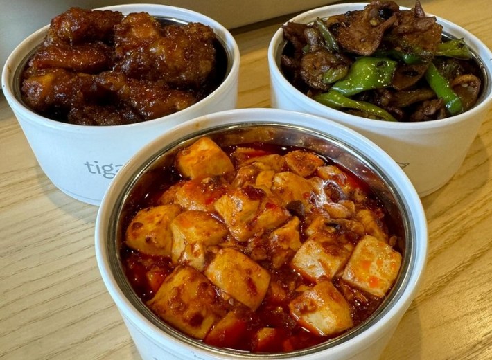 Mapo tofu, orange chicken, and pepper pork mini-bowls