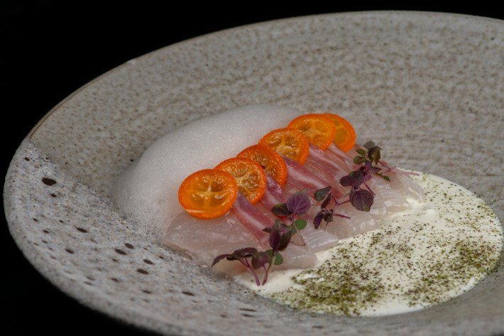A bowl of red snapper sashimi with kumquat-and-panna cotta creme fraiche