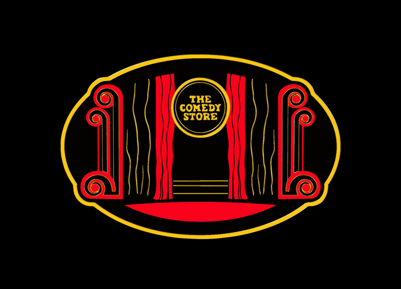 A logo for the Comedy Store depicting red and black curtains opening on a microphone