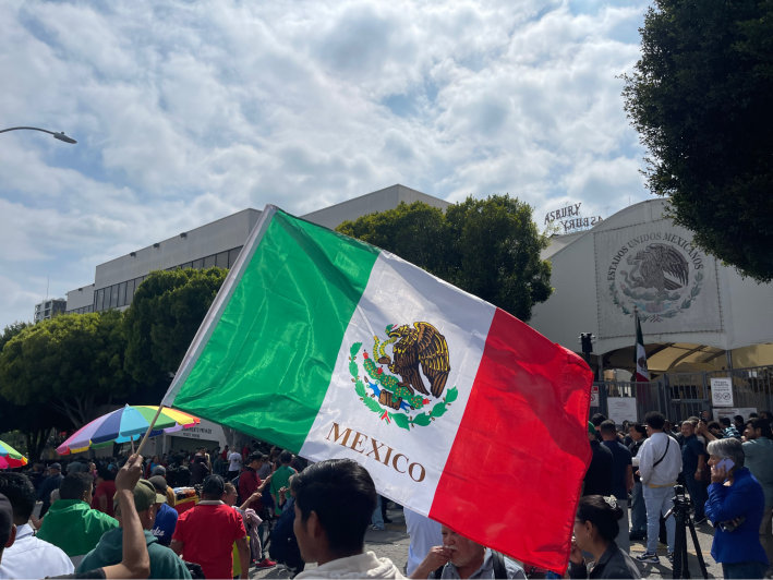 The Mexican flag was waved in front of the Mexican Consulate. Photo by Abraham Márquez for L.A. TACO.