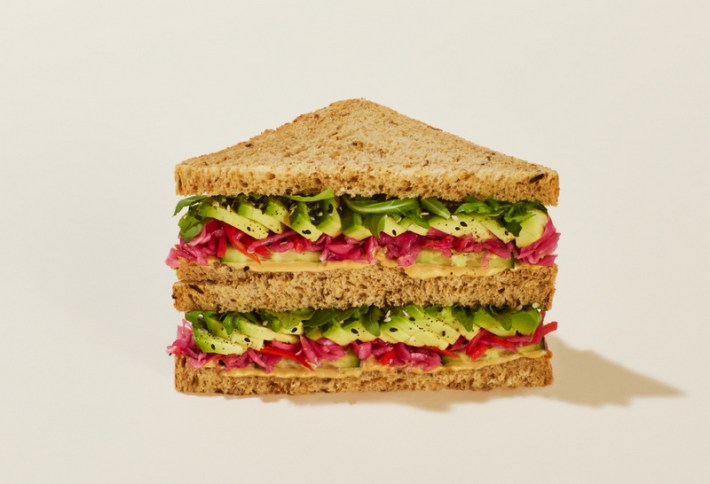 A colorful Rainbow sandwich with avocado and onions at Pret A Manger.