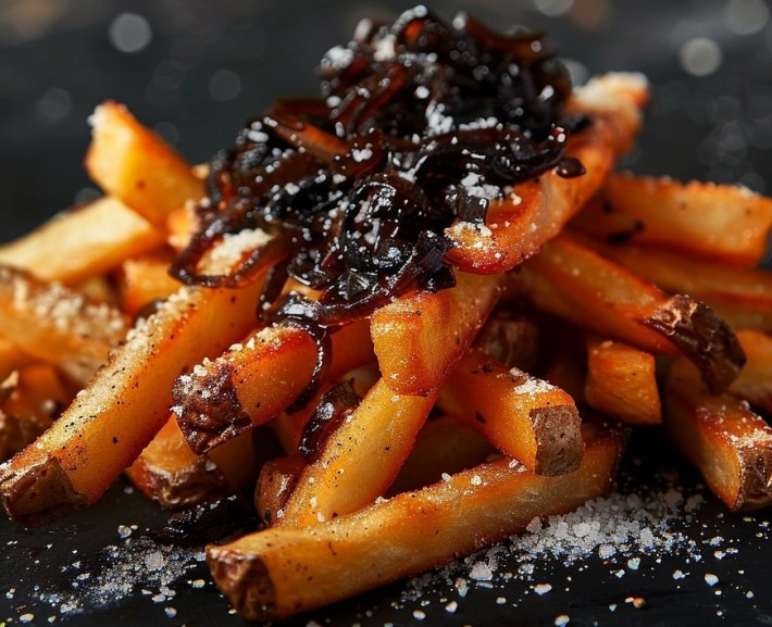 Onion Overload fries topped with Coca Cola-caramelized onions at Crisp Avenue.