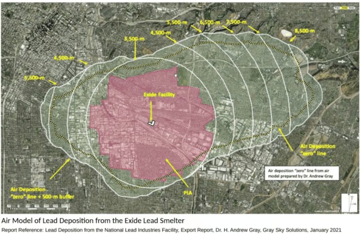 Model of air spread lead deposition from the former Exide Battery recycling center in Vernon, CA.