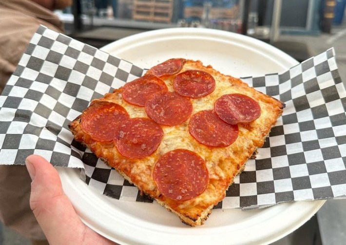 Square Sicilian slice with pepperoni at Smokey Pie