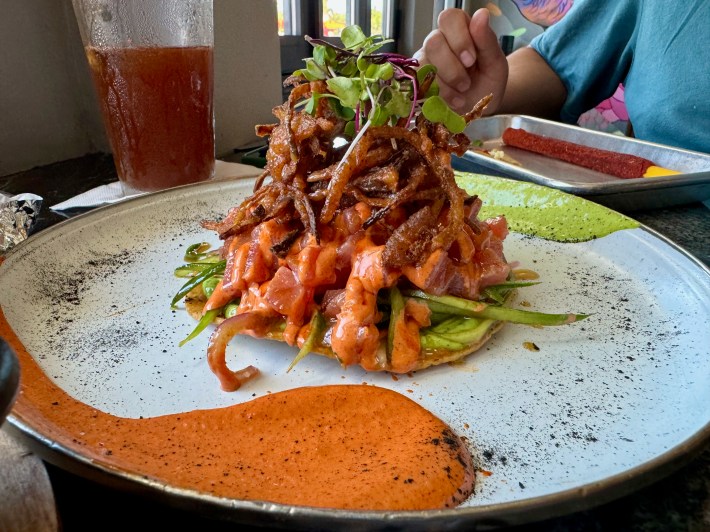 Tuna ceviche with fried onions. Photo by Javier Cabral for L.A. TACO.