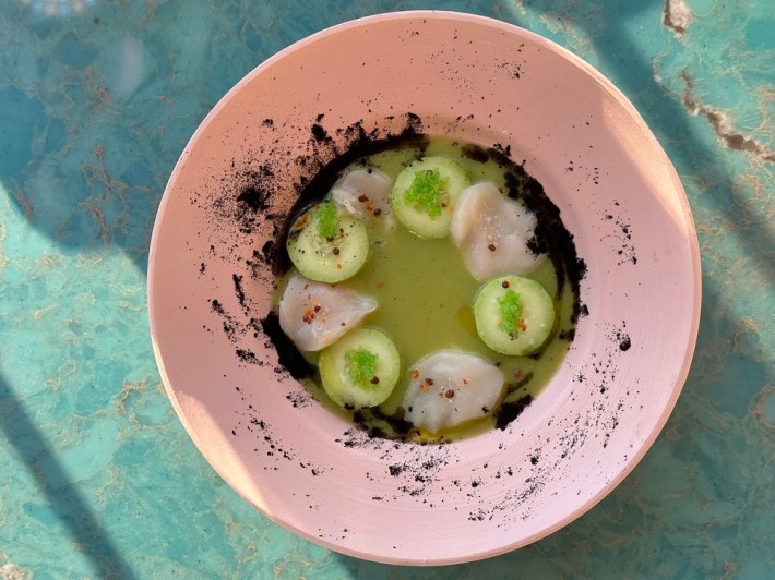 Hokkaido Scallop aguachile with aji amarillo ash