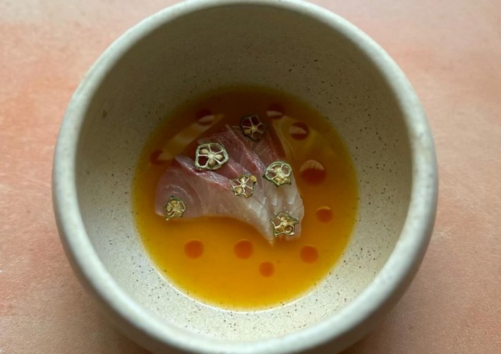 Cured kampachi carrot  aguachile with chile pasilla mixe