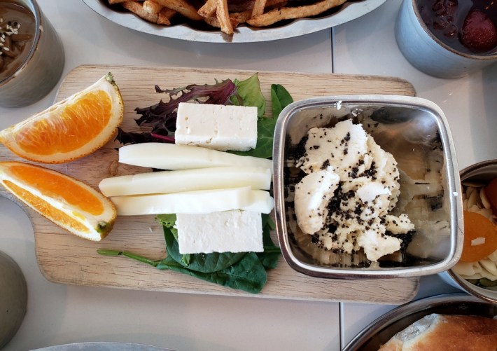 Cheese plate with feta, Tulum cheese, and mozzarella.