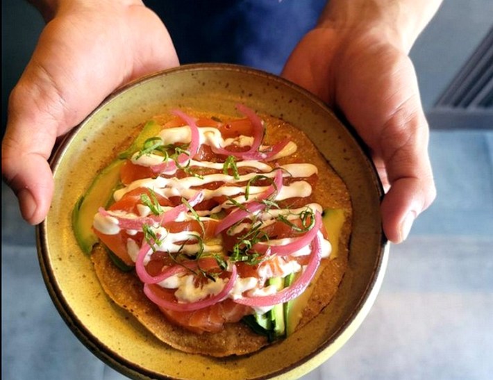 Salmon tostada at Temaki Society. Photo via Temaki Society.