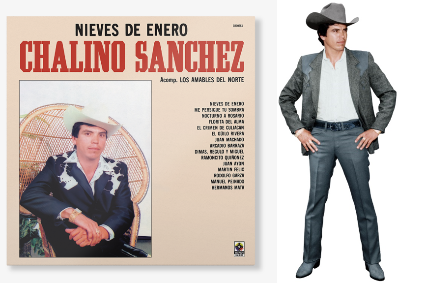 The cover of Chalino Sanchez's last album, showing the singer seated next to a photo of him standing with his hands on his hips