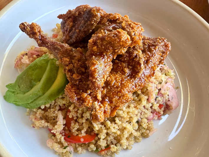 Corn Fried Quail with agave and chipotle glaze, cabbage, and quinoa salad