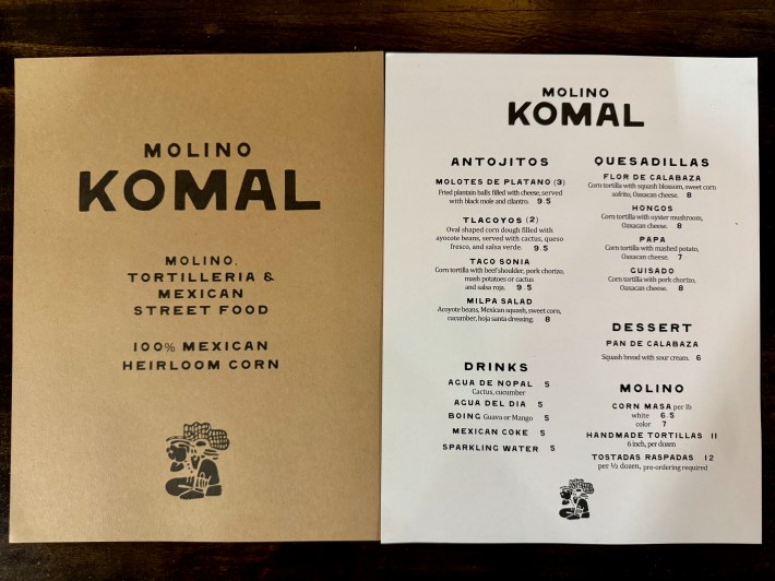 Opening menu at Komal Molino.