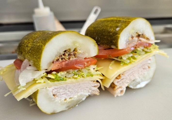 Turkey sandwich on a pickle bun