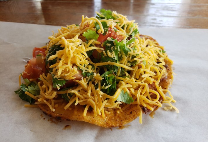 The cheese-covered crawfish taco at Sky's.