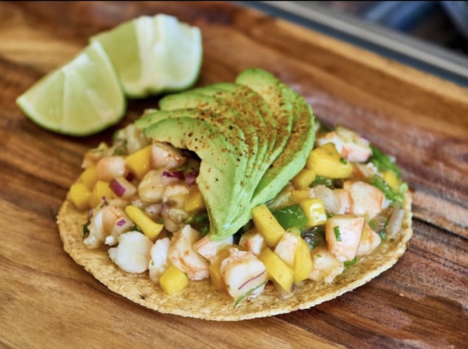 Shrimp, avocado, and mango ceviche-topped tostada from Edgar Nava of Correas Mariscos.