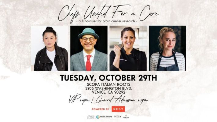 A flyer for an dinner to raise funds for Simon Majumdar featuring chefs Mei Lin, Antonia Lofaso, and Brooke Williamson.