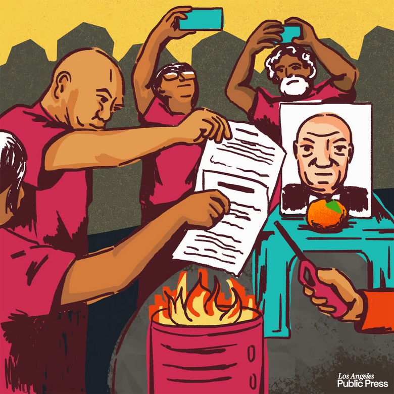 An illustration of activists burning offerings.