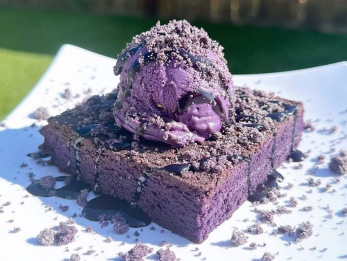 Ube Brownie topped with Ube Polvoron ice cream from Papa's Polvoron