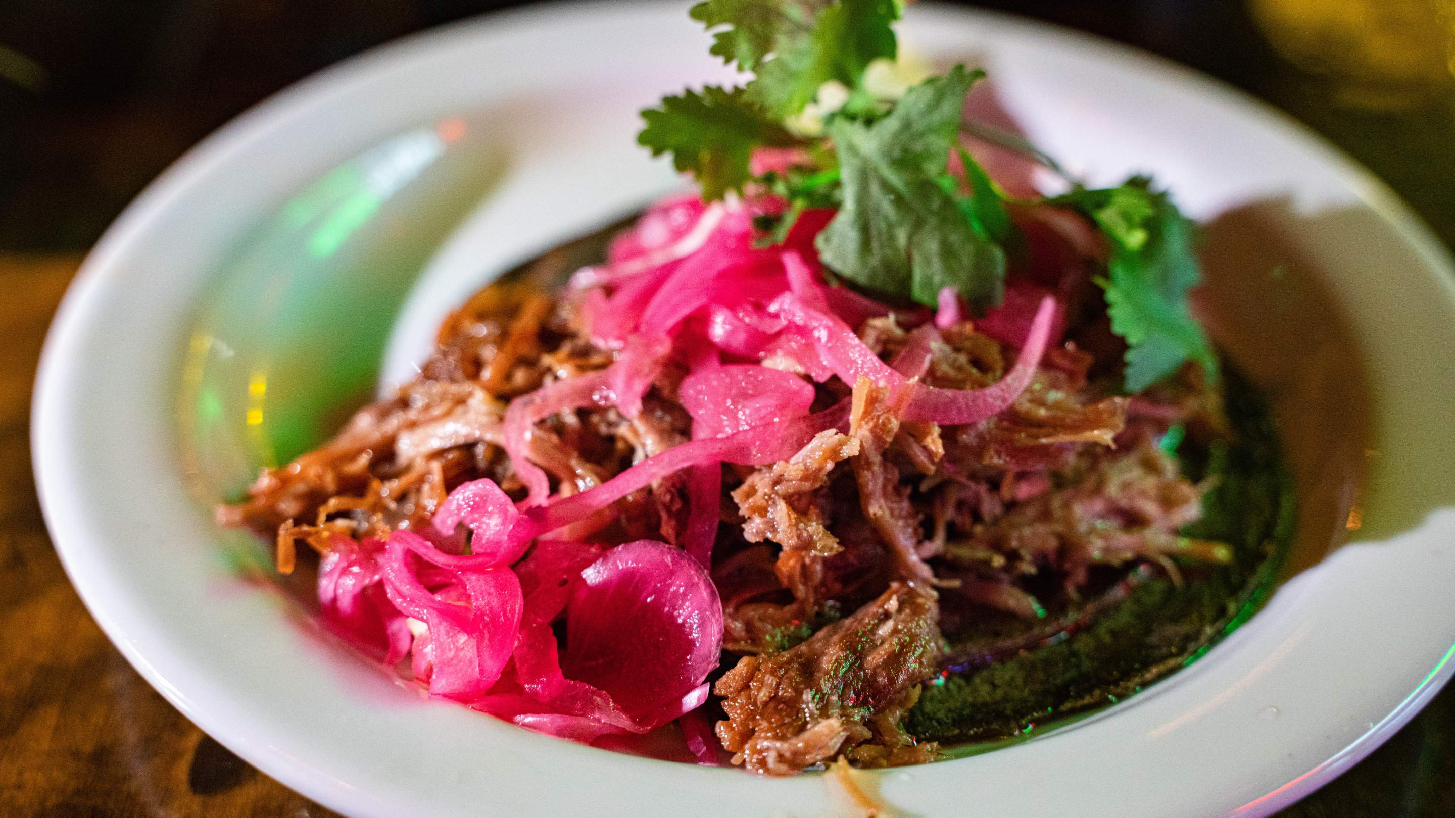 Duck carnitas taco on kernel of truth organic's blue corn tortilla. Photo by Memo Torres for L.A. TACO.