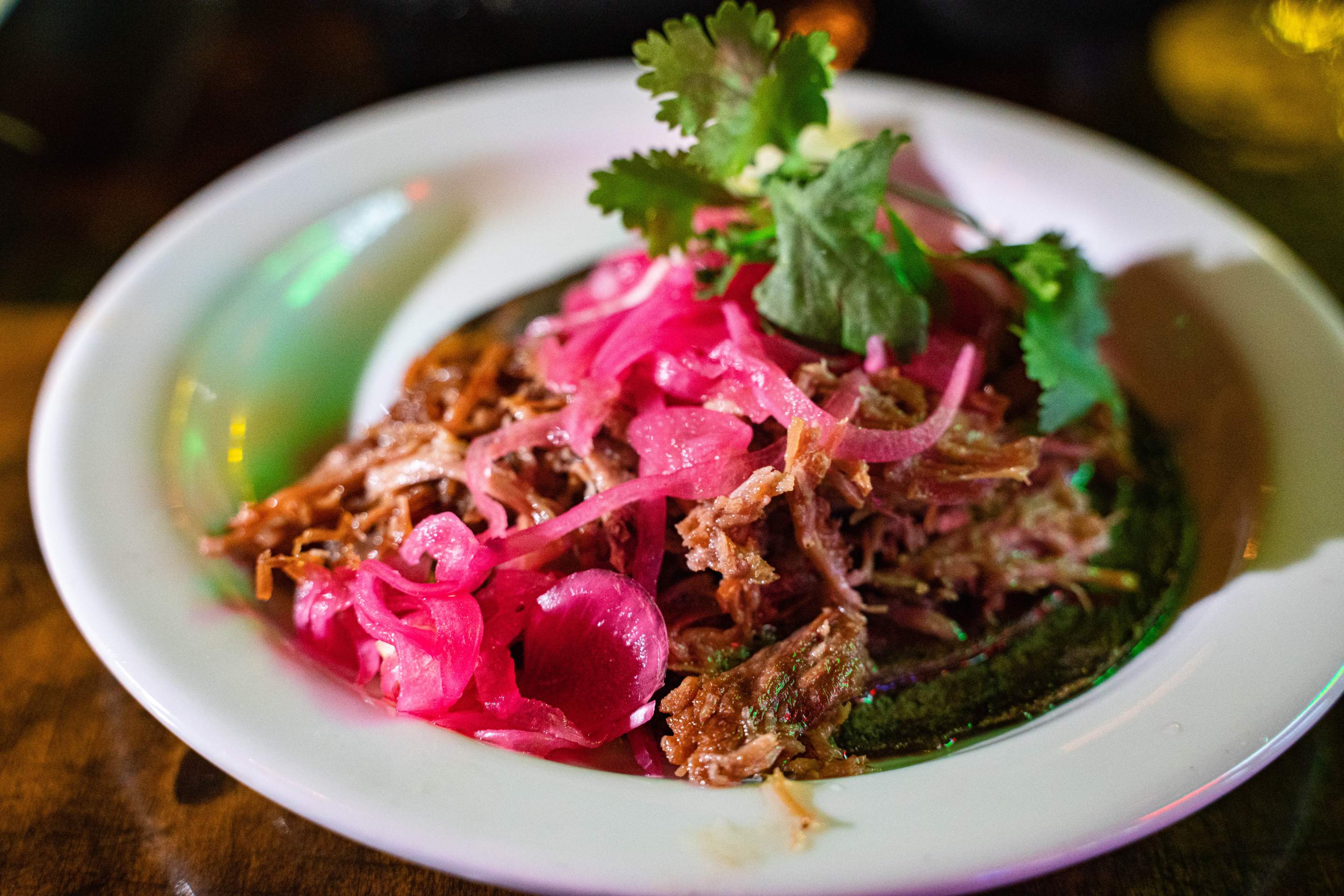 Duck carnitas taco on kernel of truth organic's blue corn tortilla. Photo by Memo Torres for L.A. TACO.