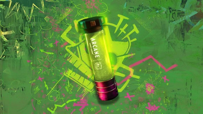 Boba drinks in colorfuul green vial that mirrors Shimmer from the show Arcane.